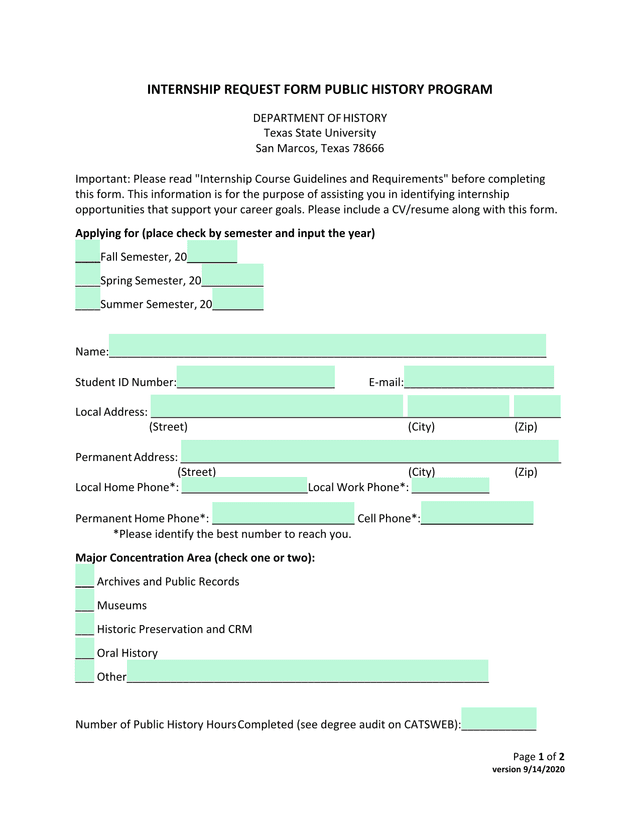 INTERNSHIP REQUEST FORM PUBLIC HISTORY PROGRAM screenshot