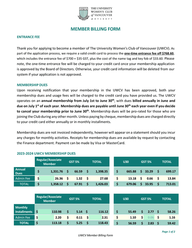 UWCV Member Billing Form screenshot