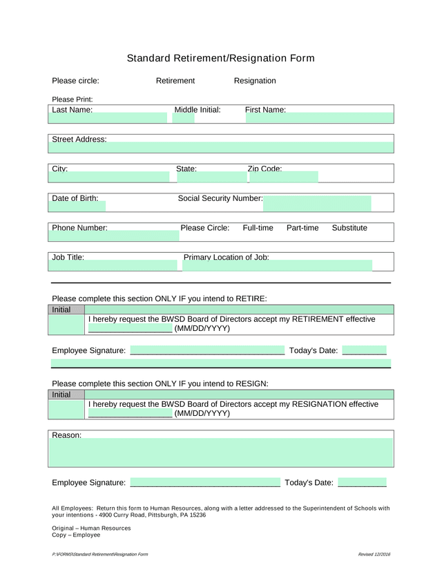 Standard RetirementResignation Form screenshot