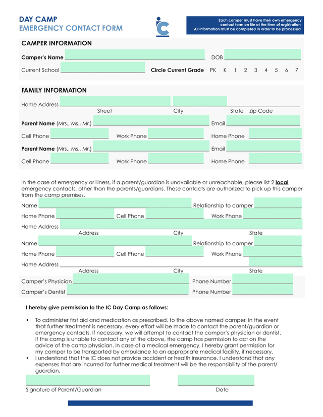 Day Camp Emergency Contact Form screenshot