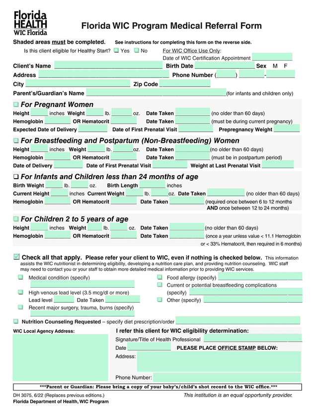 WIC Certification Form screenshot