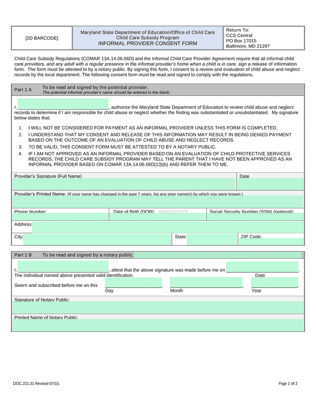 Informal Provider Consent Form screenshot