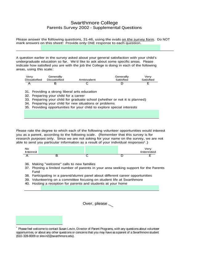 Swarthmore College Parents Survey 2002   Supplemental Questions screenshot