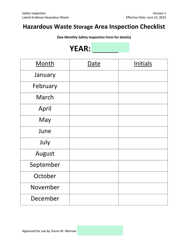 Hazardous Waste Storage Area Inspection Checklist screenshot