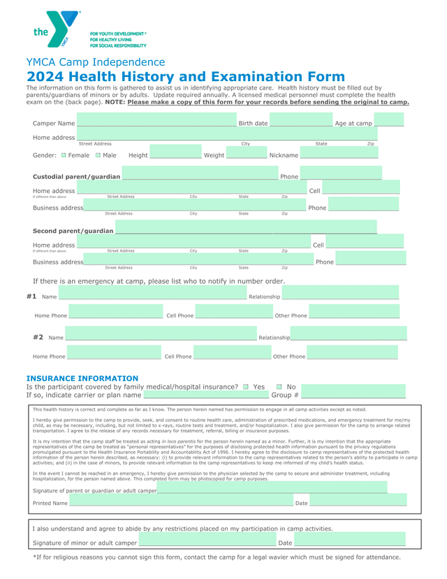YMCA Camp Independence 2024 Health History And Examination Form screenshot