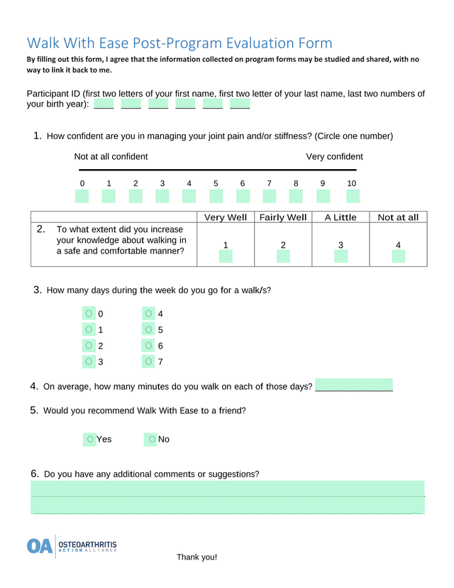 Walk With Ease Post Program Evaluation Form screenshot