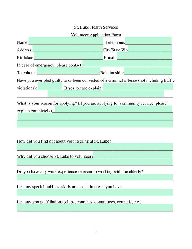 St. Luke Health Services Volunteer Application Form screenshot