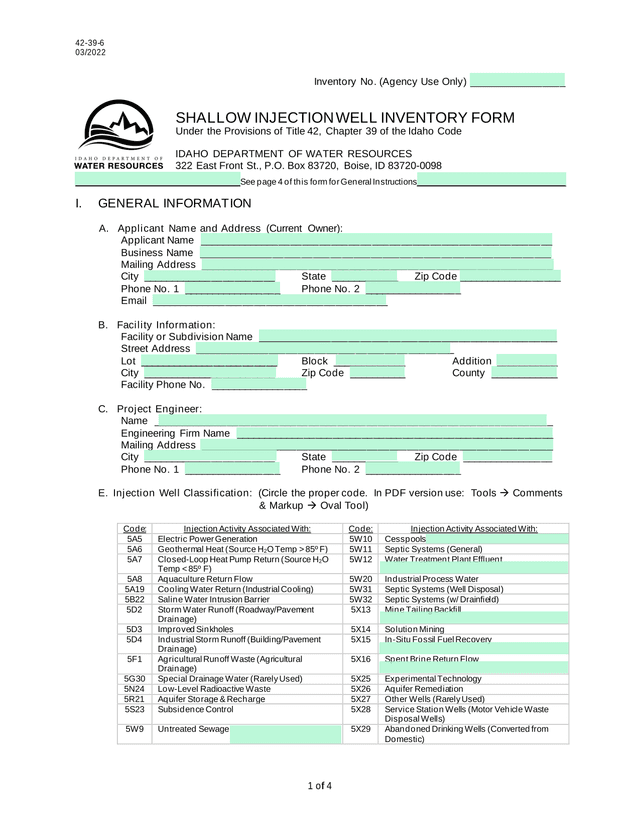 SHALLOW INJECTION WELL INVENTORY FORM screenshot
