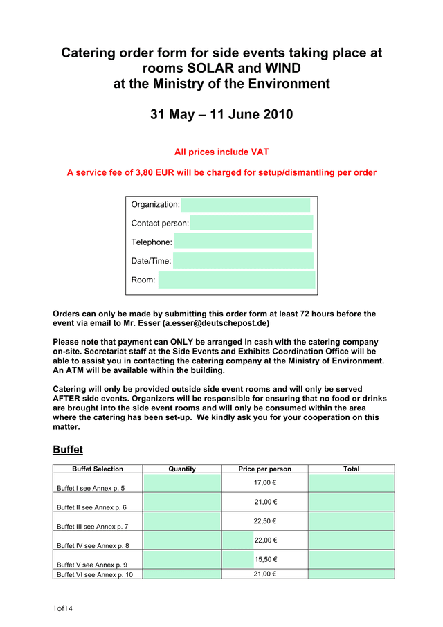 Catering Order Form For Side Events At Ministry Of The Environment screenshot