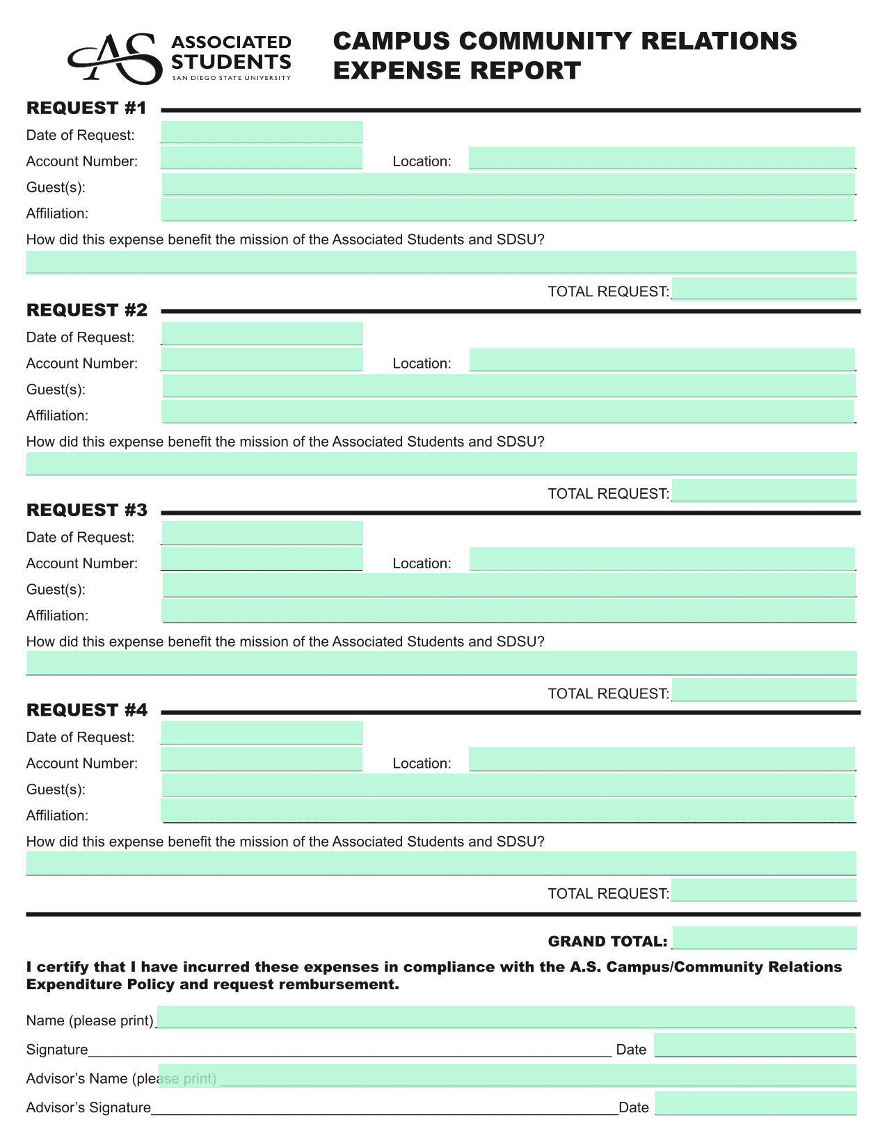 Campus Community Relations Expense Report screenshot