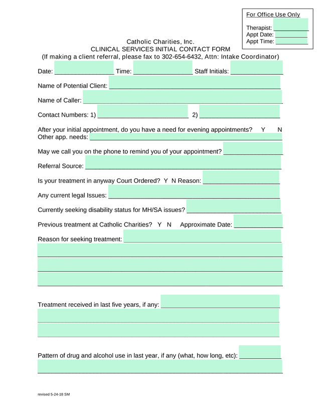 Catholic Charities, Inc. Clinical Services Initial Contact Form screenshot