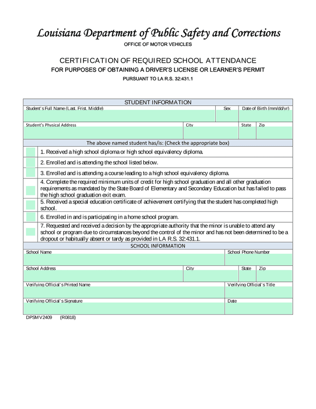 Certification Of Required School Attendance For Purposes Of Obtaining A DriverS License Or LearnerS  screenshot