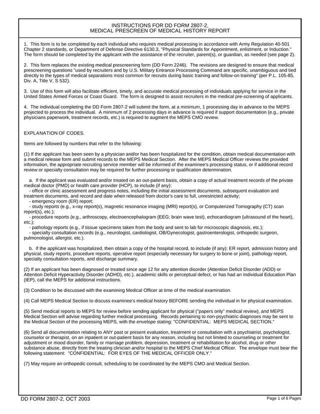 DD Form 2807 2 Medical Prescreen Of Medical History Report screenshot