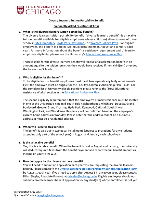 Diverse Learners Tuition Portability Benefit Frequently Asked Questions screenshot