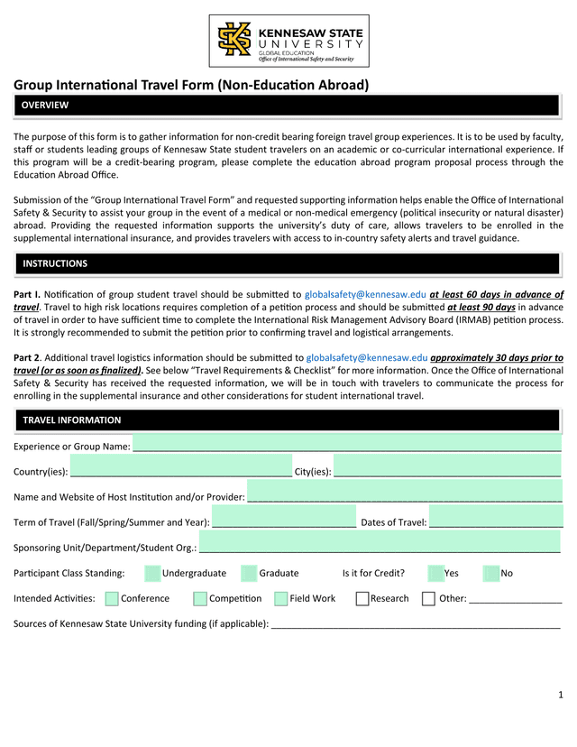 Group International Travel Form (Non Education Abroad) screenshot