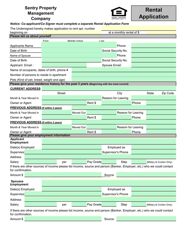 Sentry Property Management Rental Application screenshot