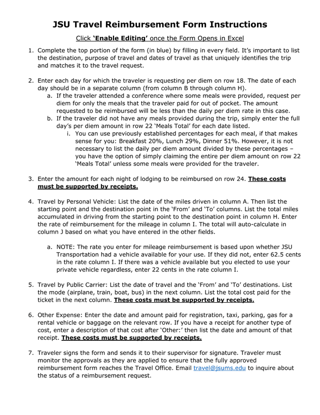 JSU Travel Reimbursement Form Instructions screenshot