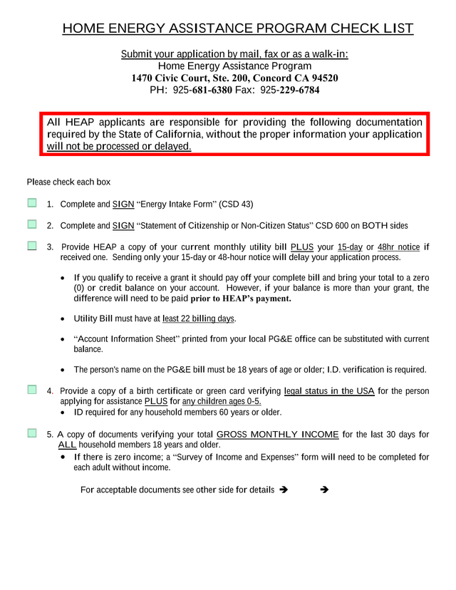 Home Energy Assistance Program Check List screenshot
