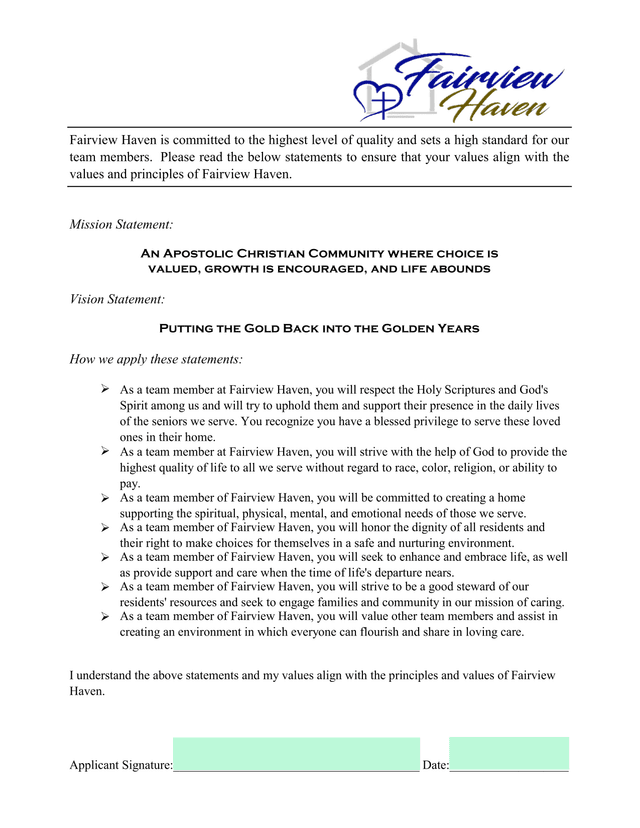 Fairview Haven Employment Application And Values Statement screenshot