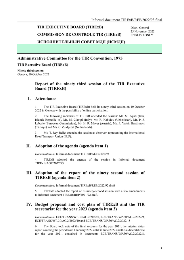 Report Of The Ninety Third Session Of The TIR Executive Board (TIRExB) screenshot