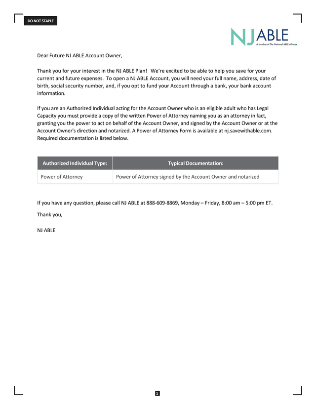 NJ ABLE Enrollment Form screenshot