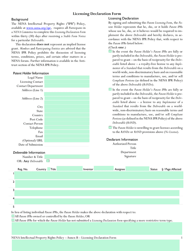NENA Intellectual Property Rights Policy Licensing Declaration Form screenshot