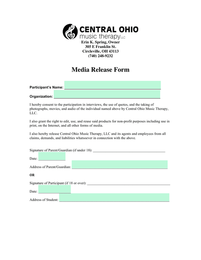 Media Release Form screenshot