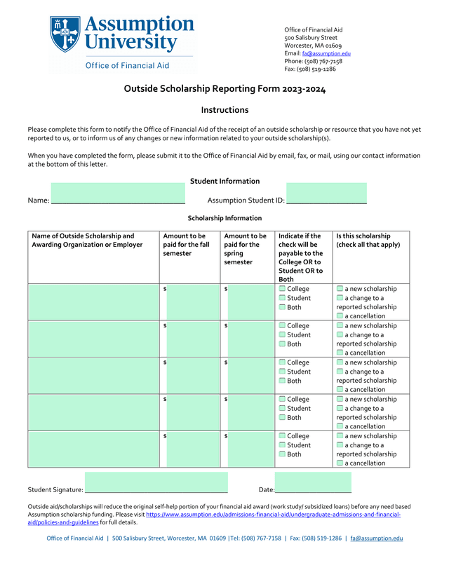 Outside Scholarship Reporting Form 2023 2024 screenshot