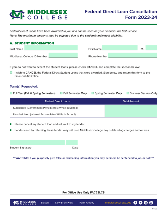 Federal Direct Loan Cancellation Form 2023 24 screenshot