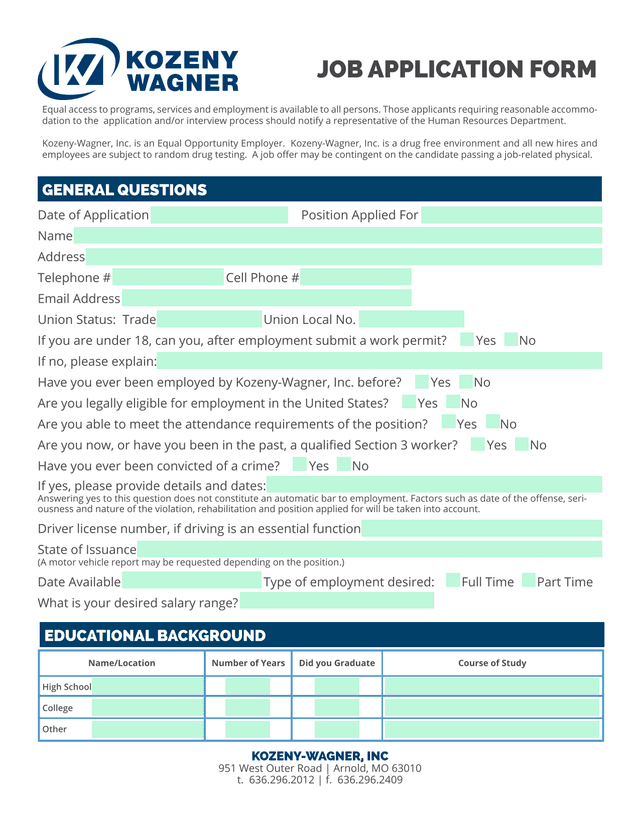JOB APPLICATION FORM screenshot