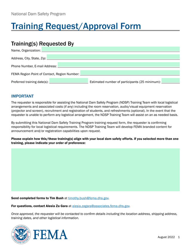 National Dam Safety Program Training RequestApproval Form screenshot