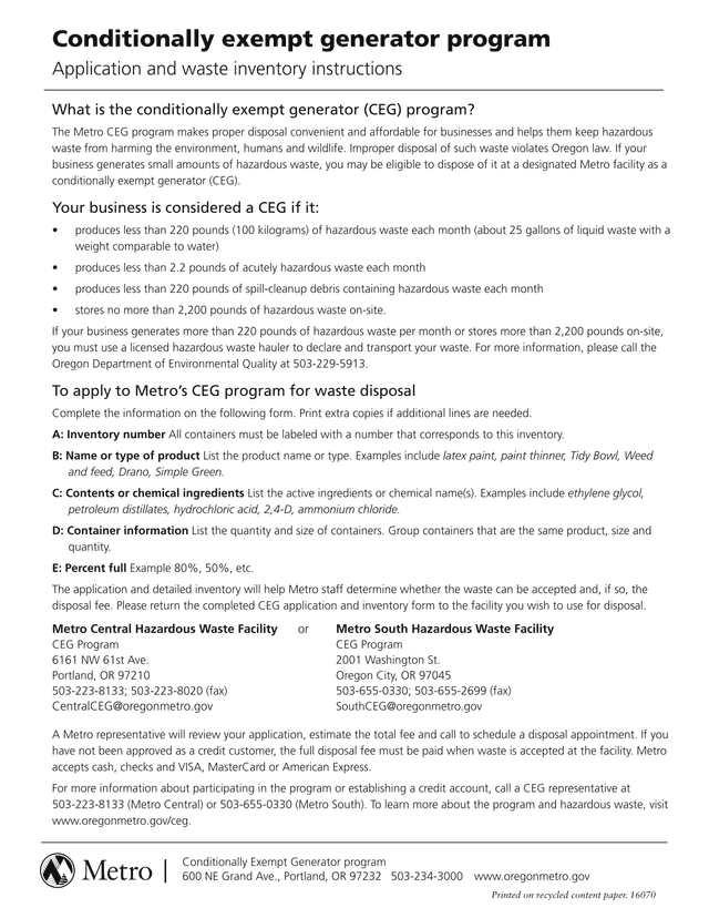 Conditionally Exempt Generator (CEG) Program Application And Waste Inventory Instructions screenshot