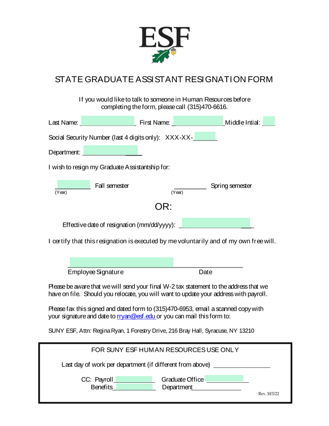 STATE GRADUATE ASSISTANT RESIGNATION FORM screenshot