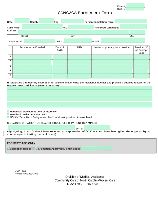 CCNCCA Enrollment Form screenshot