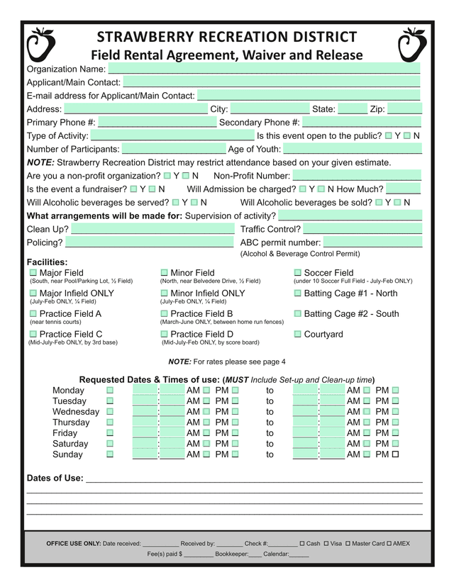 Strawberry Recreation District Field Rental Agreement, Waiver And Release screenshot