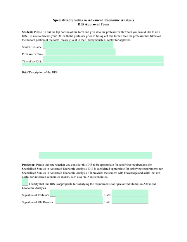 Specialized Studies In Advanced Economic Analysis DIS Approval Form screenshot
