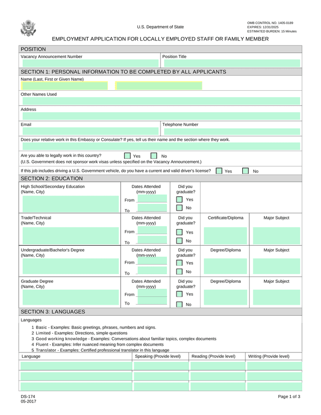DS 174 Employment Application For Locally Employed Staff Or Family Member screenshot