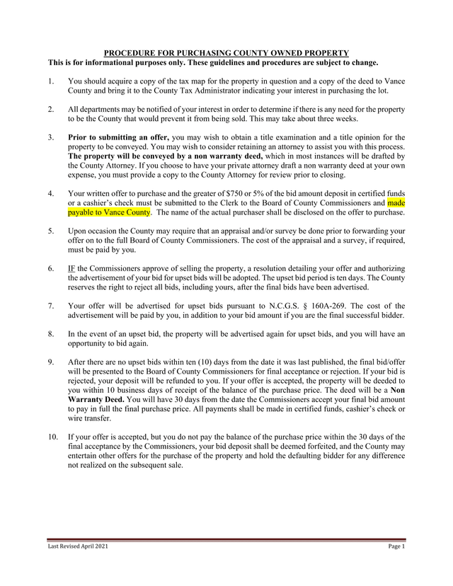 PROCEDURE FOR PURCHASING COUNTY OWNED PROPERTY screenshot