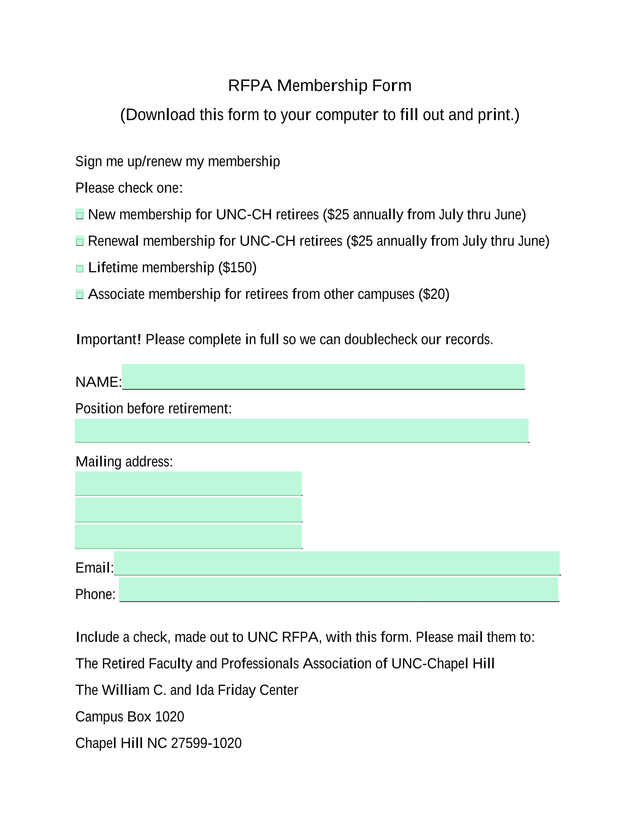 RFPA Membership Form screenshot