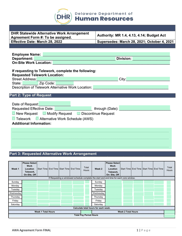 Alternative Work Arrangement Agreement (AWA) Form   Statewide screenshot