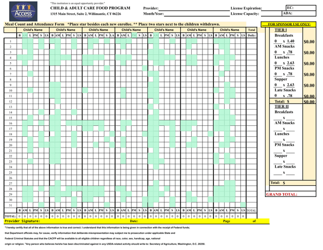 Meal Count And Attendance Form screenshot