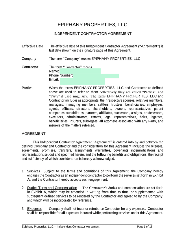 Independent Contractor Agreement screenshot