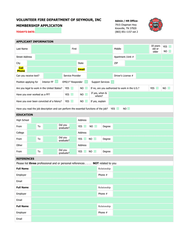 VOLUNTEER FIRE DEPARTMENT OF SEYMOUR, INC MEMBERSHIP APPLICATION screenshot