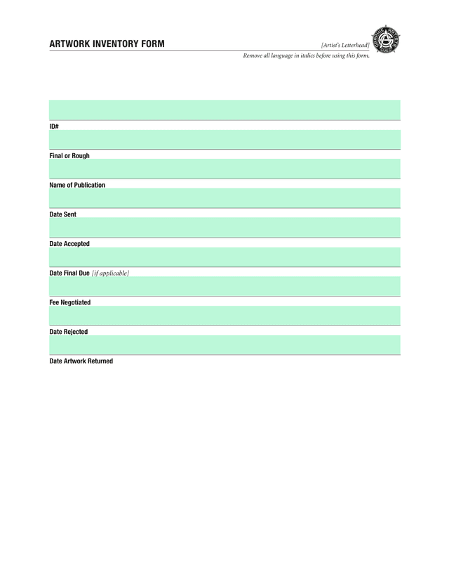 ARTWORK INVENTORY FORM screenshot