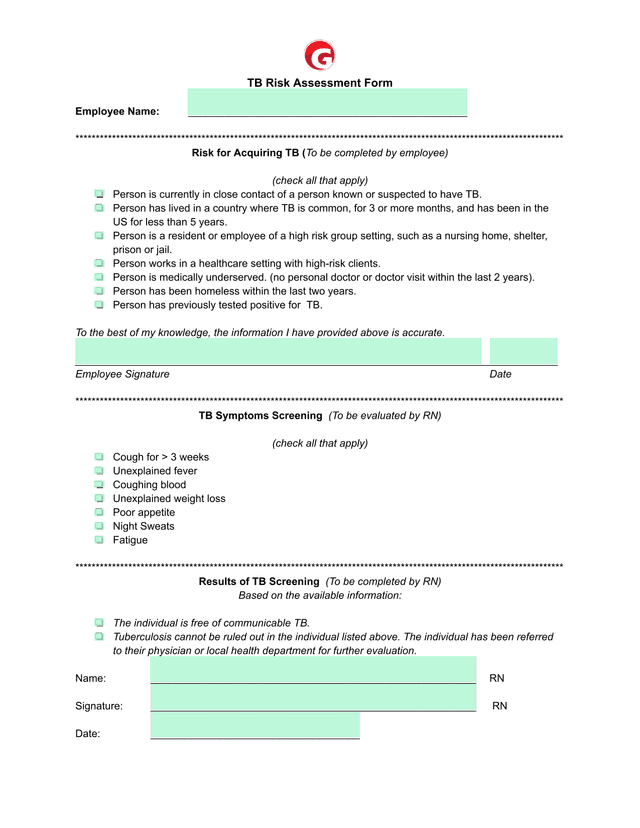 TB Risk Assessment Form screenshot