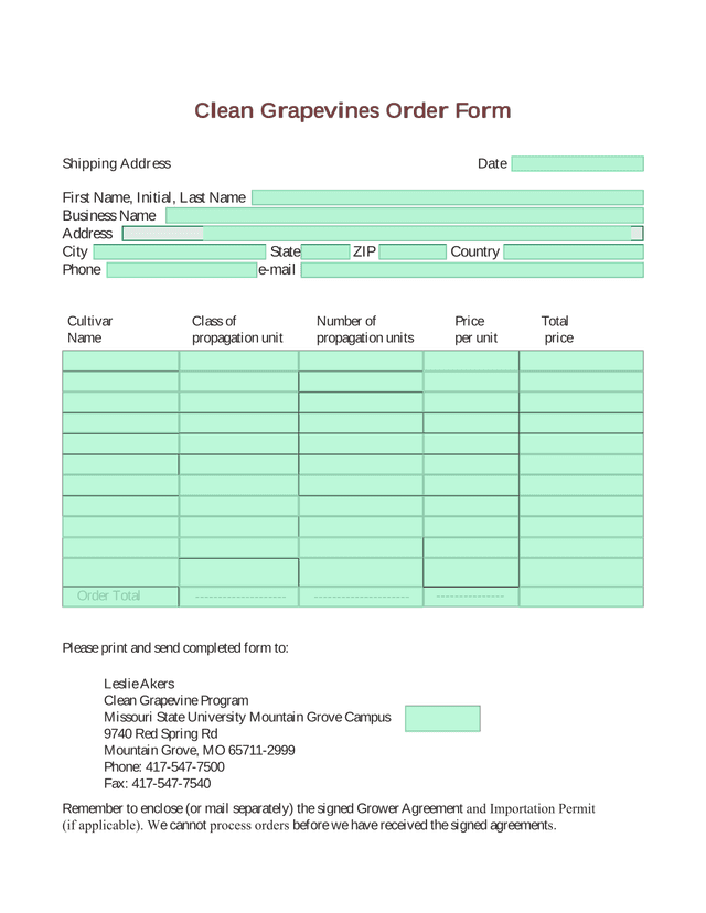 Clean Grapevines Order Form screenshot