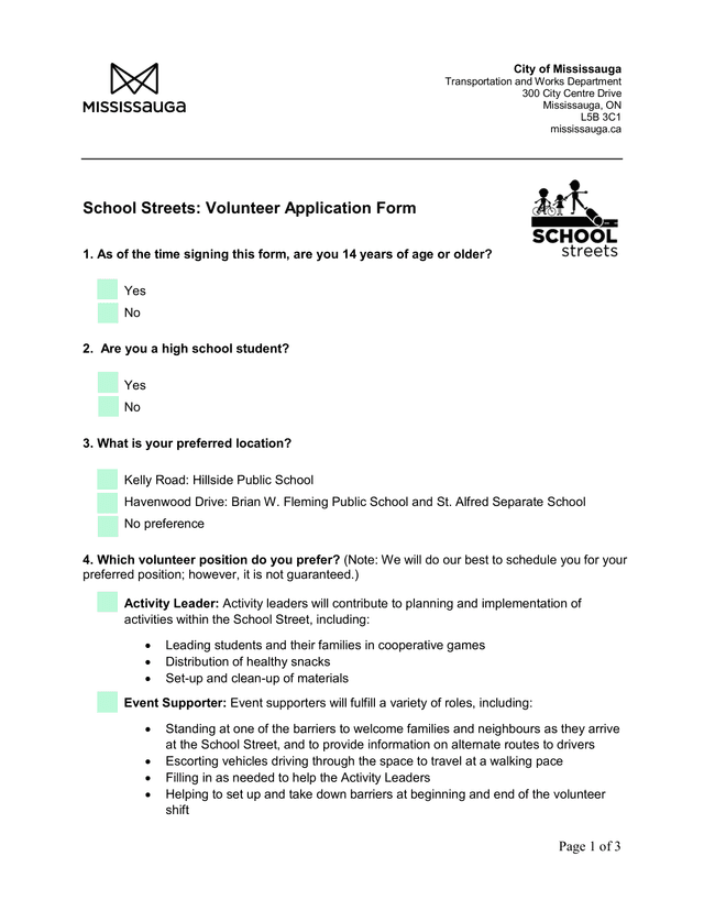 School Streets Volunteer Application Form screenshot