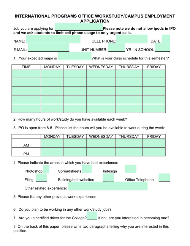 International Programs Office WorkstudyCampus Employment Application screenshot
