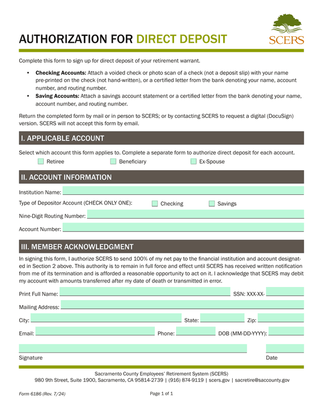 Authorization For Direct Deposit (Form 6186) screenshot