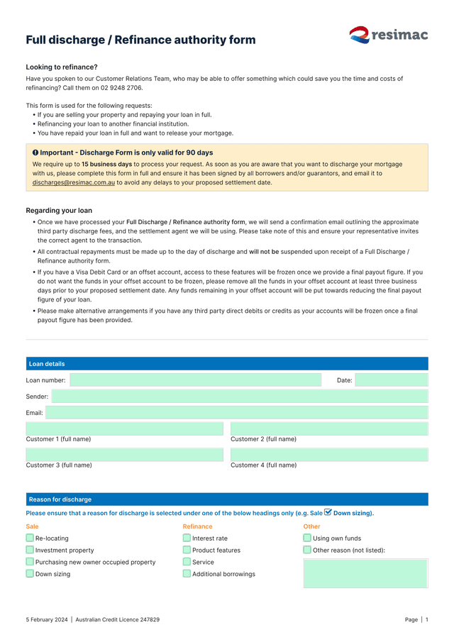 Full Discharge  Refinance Authority Form screenshot